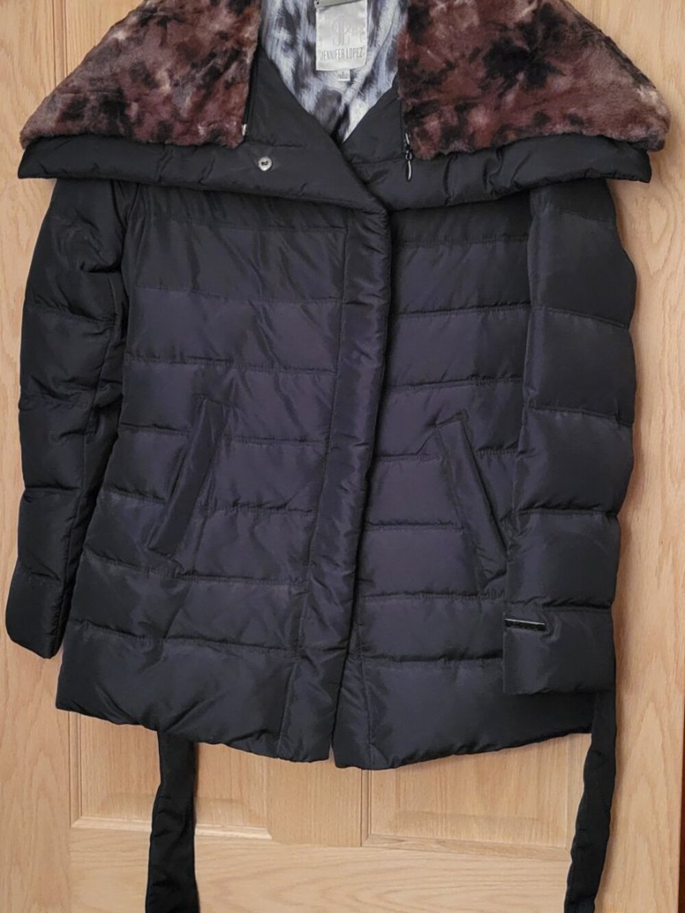 NWOT JENNIFER LOPEZ Black Puffer Coat Detachable Faux Fur Collar S SMALL